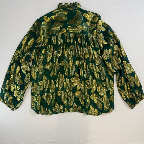 Mille Resort Travel Womens Blouse Green Gold L Silk Ruffle Mock Neck Sheer Party - Picture 2 of 12